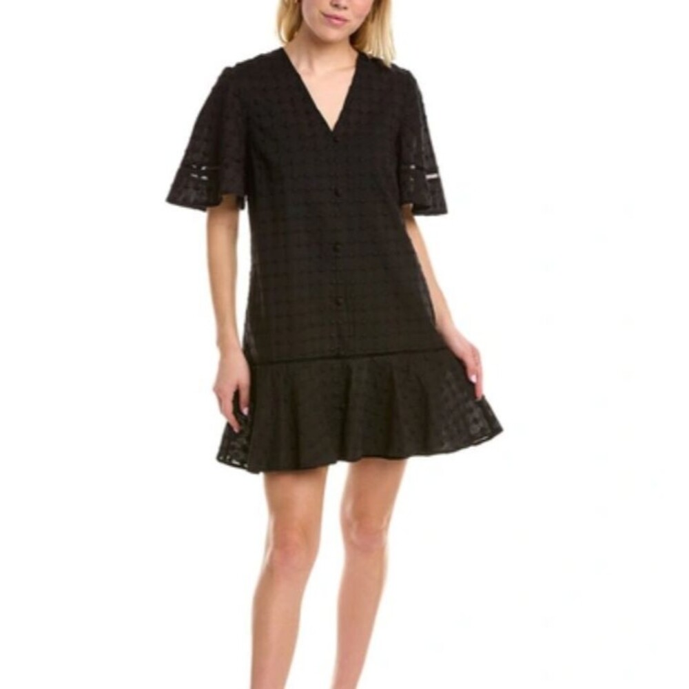 Pearl by Lela Rose Dotted Flounce Hem Mini Dress M Black Eyelet Cotton Shift